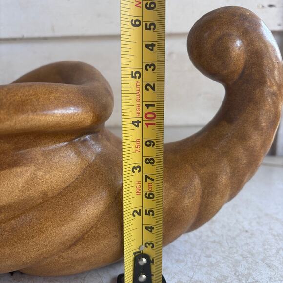Pair Large Vtg Ceramic Cornucopia Horn of Plenty Table Center Planter Dark Brown - Picture 13 of 16